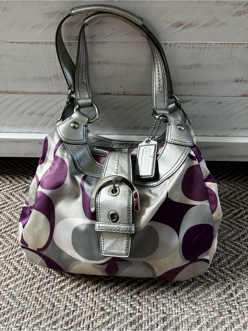 Coach Silver Metallic Trim Shoulder Bag with Purple & Gray Signature Print